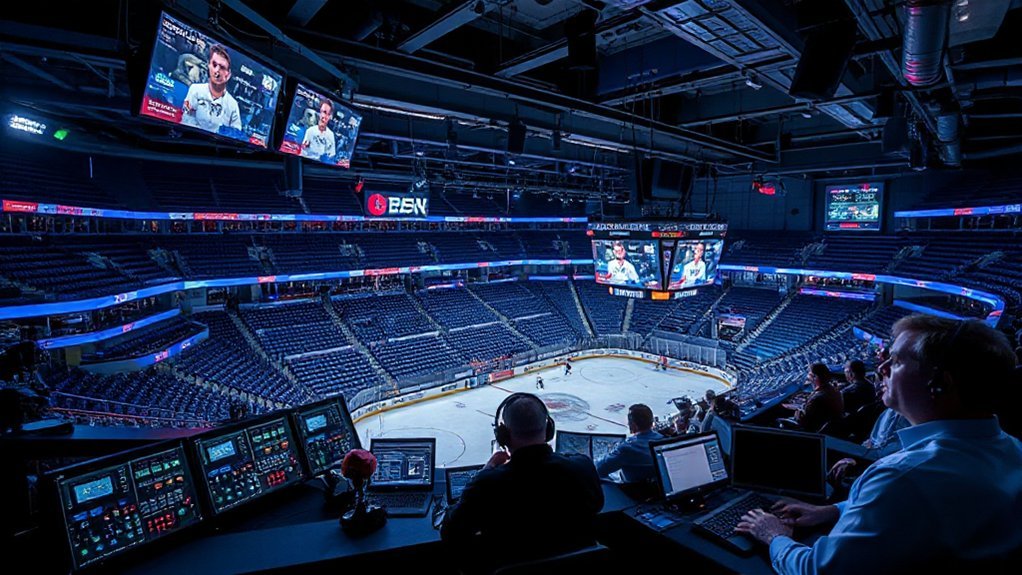 Nationwide Arena Tours Columbus | Behind the Scenes broadcast booth organized chaos