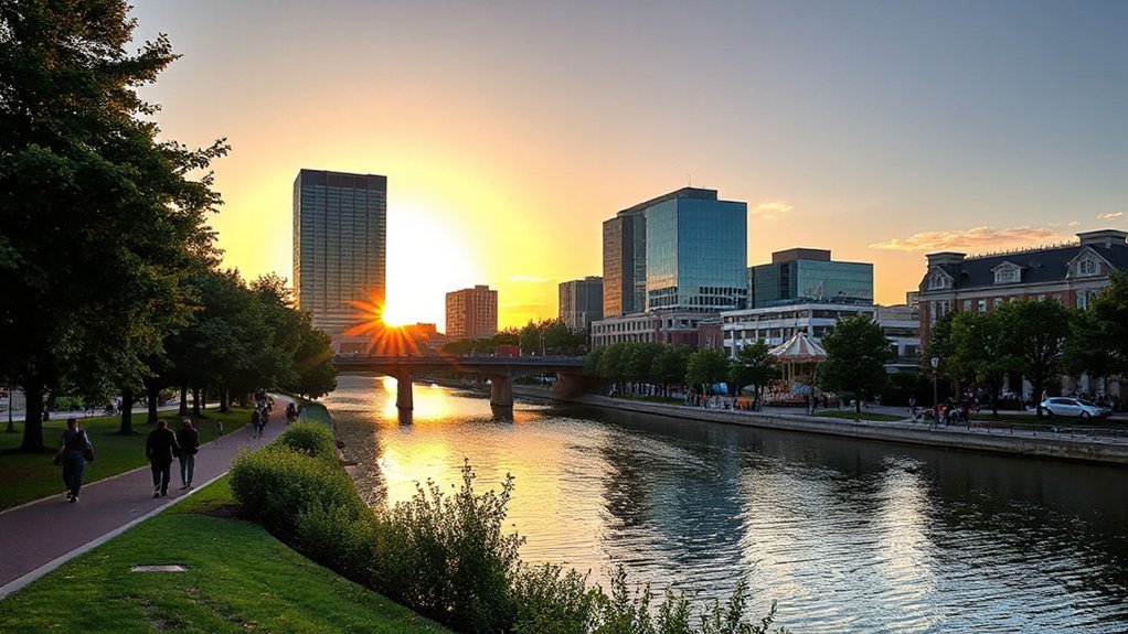 vibrant riverside cityscape photography