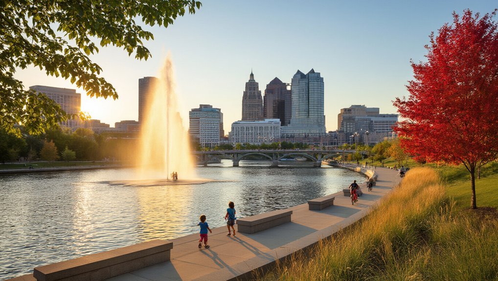 riverfront dawn fountain awakening